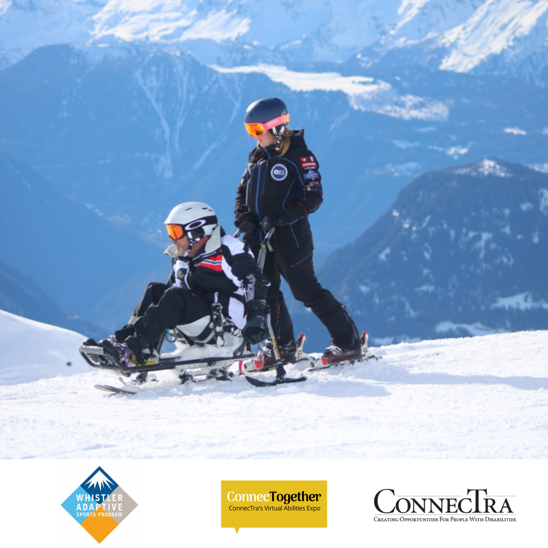 Two people on ski mountain. (WAS logo. Connectogather logo. Connectra logo.).