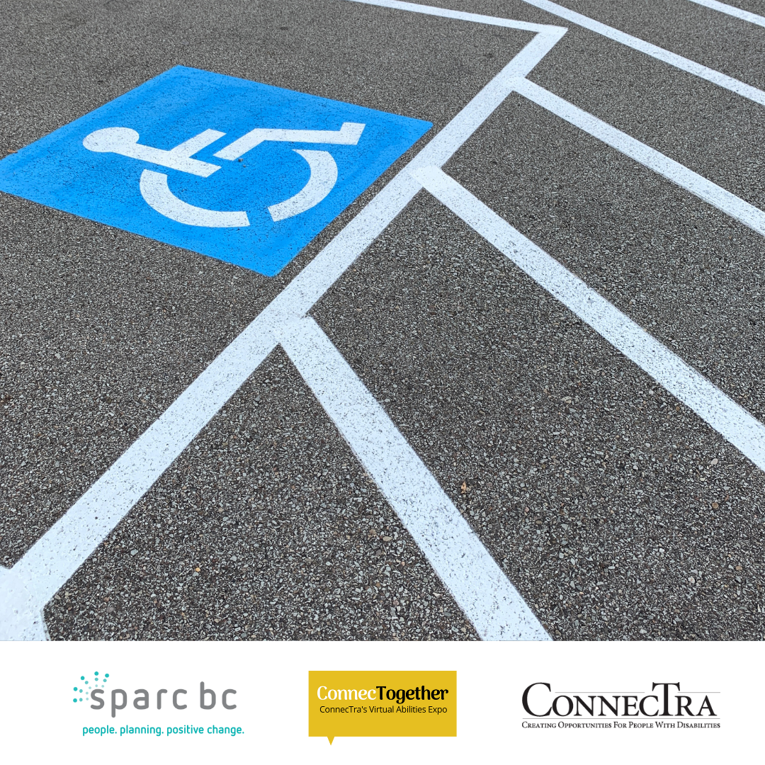 Accessible parking space .(SPARC BC logo. ConnecTogether Logo. ConnecTra Society Logo.)