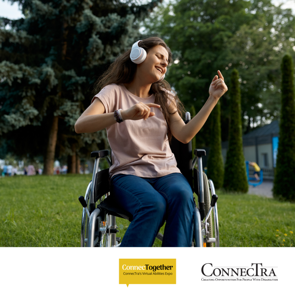 Girl on a wheel chair listening to music(connectogather logo. Connectra logo.).