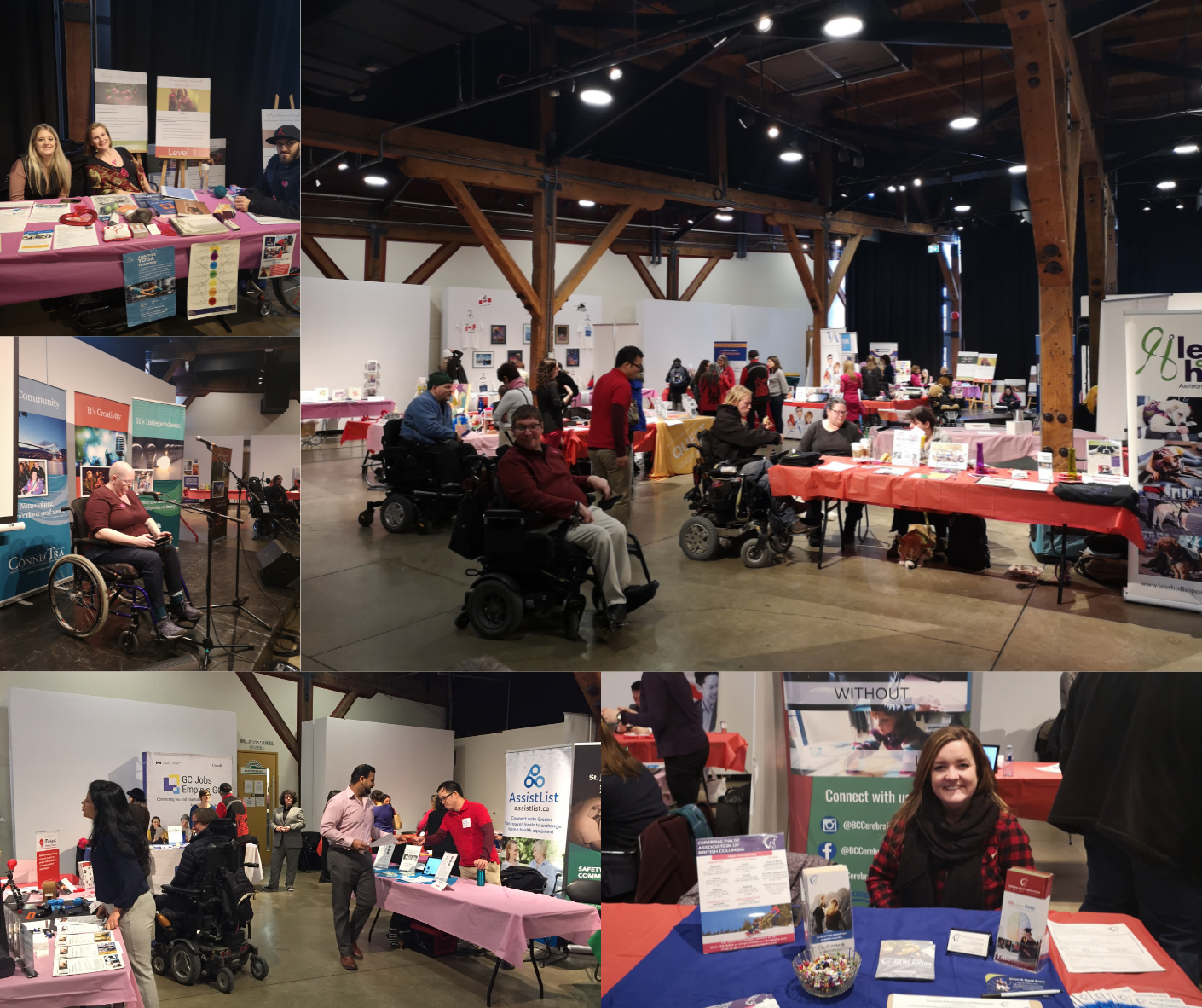 Collage of images from previous years' Abilities Expo. Smiling attendees and organizations are interacting at the Roundhouse Community Centre.