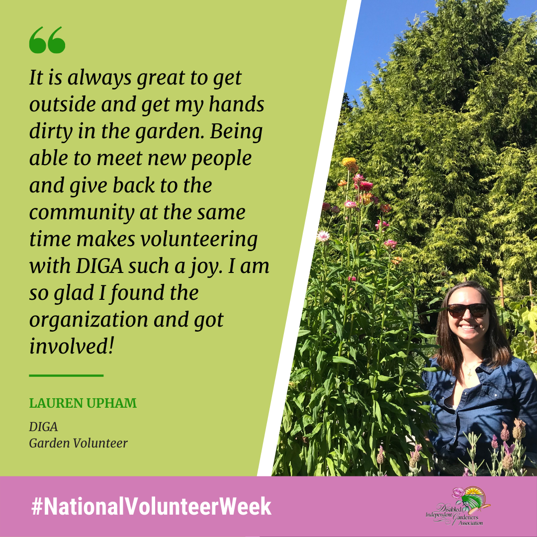 It is always great to get outside and get my hands dirty in the garden. Being able to meet new people and give back to the community at the same time makes volunteering with DIGA such a joy. I am so glad I found the organization and got involved! Lauren Upham, DIGA Garden Volunteer.