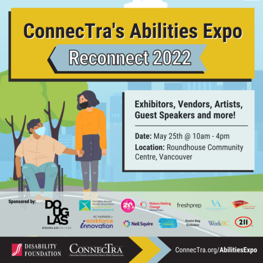 ConnecTra's Abilities Expo Reconnect 2022. Illustrated man in wheelchair wearing a mask is holding hands with a standing woman next to him.