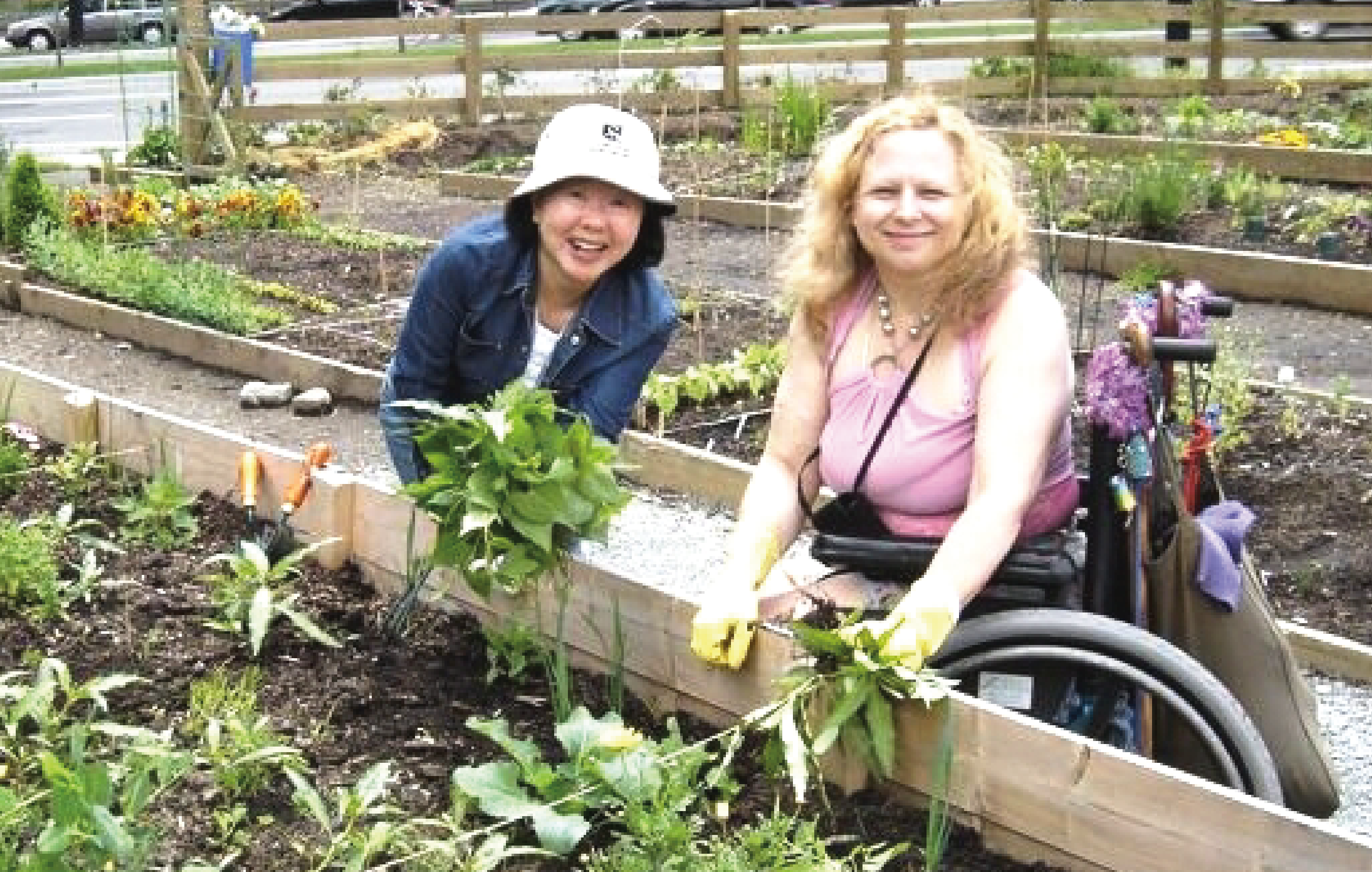 Volunteer and DIGA member in garden.