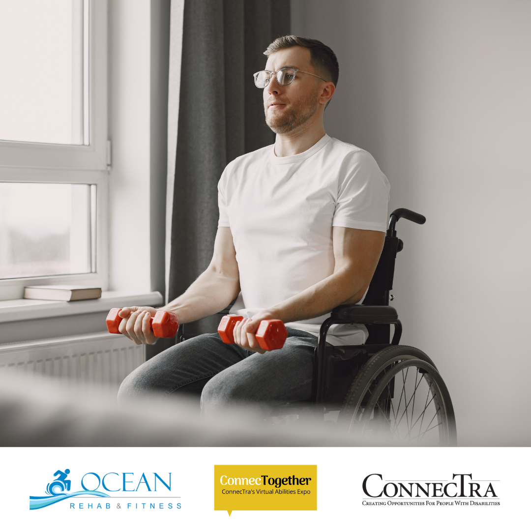 man on wheelchair lifting dumbbells (Ocean rehab fitness logo.connectogather logo. connectra logo.).