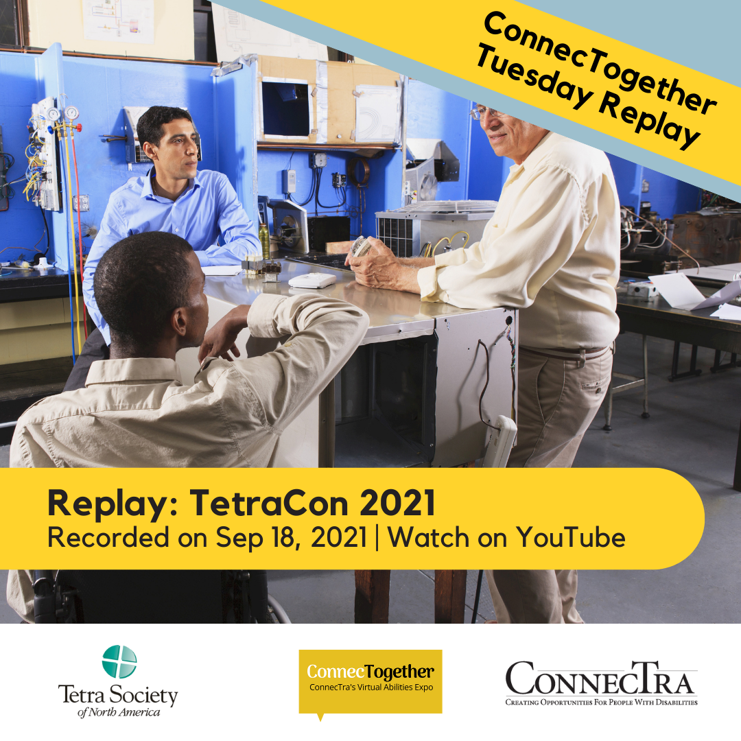 3 people stand around a table and have a conversation. [ConnecTogether Tuesday Replay: TetraCon 2021, recorded on November 9th, 2021. Watch on YouTube.]