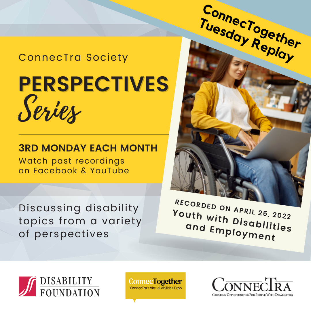 Person in a wheelchair typing on a laptop in the middle fo a cafe. [ConnecTogether Tuesday Replay: Perspectives Series: Youth with Disabilities and Employment, recorded on April 25, 2022. Watch on YouTube.]