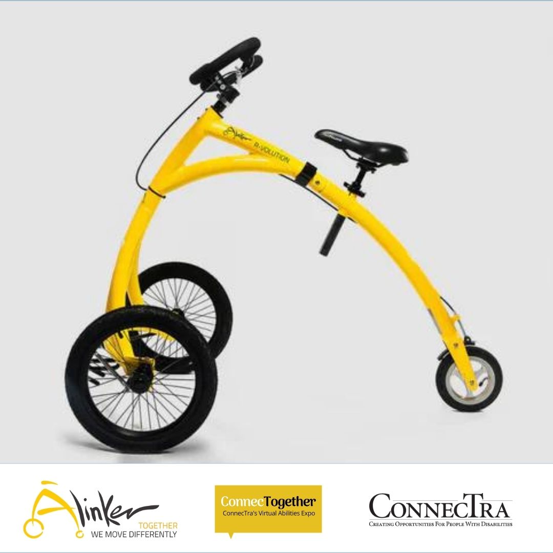 Yellow Alinker Mobility Aid. Alinker Logo, ConnecTogether Logo, ConnecTra Logo