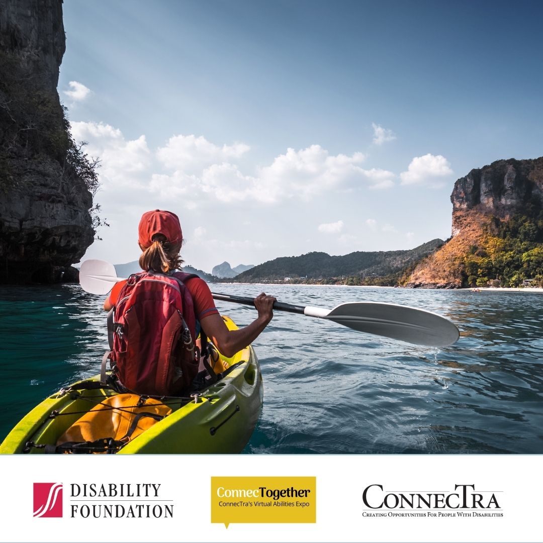 Disability Foundation Logo, ConnecTogether Logo, ConnecTra Logo, Person kayaking