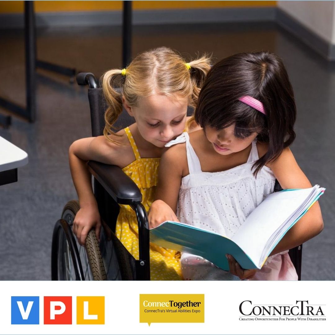 Vancouver Public Library Logo. ConnecTogether Logo. ConnecTra Logo. Two children reading a book.