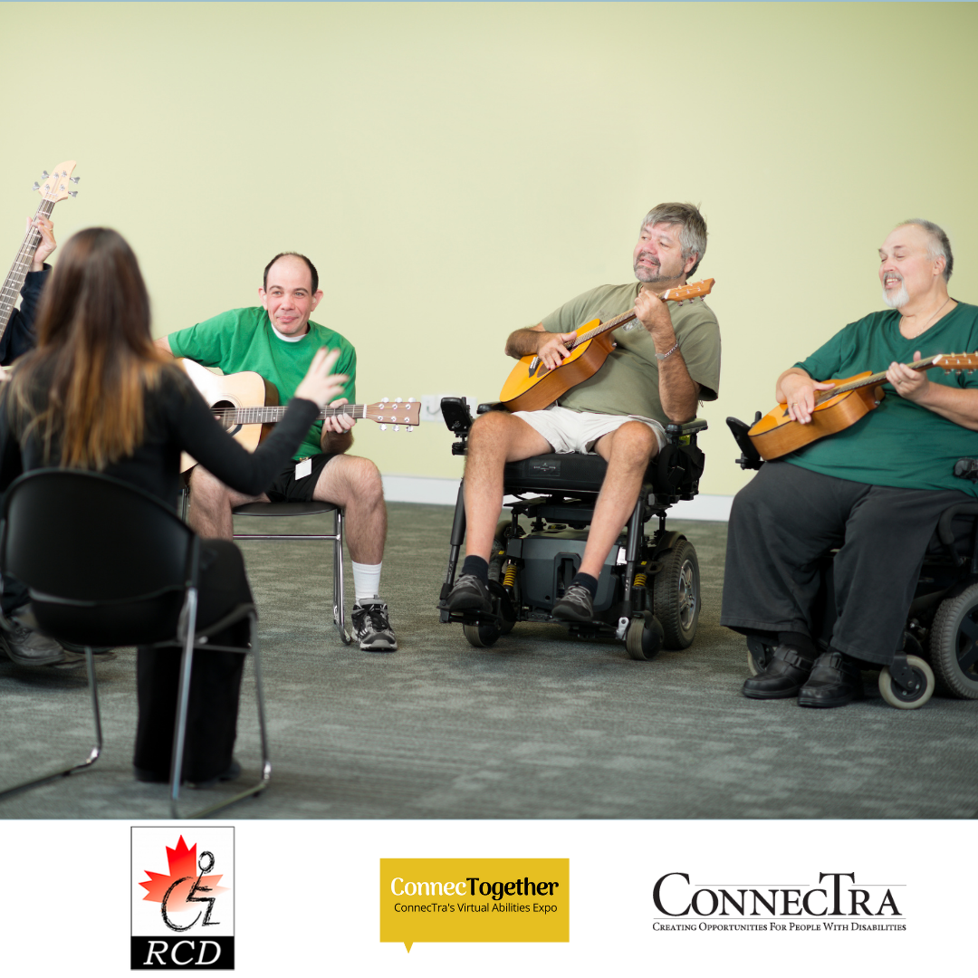 Three guys sitting, one in a chair and two in wheelchairs, holding guitars and watching their instructor; RCD logo, ConnecTogether logo, ConnecTra logo.