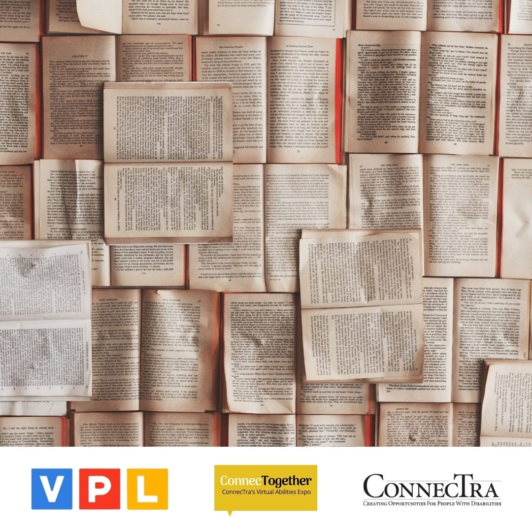 Many opened books stacked on top of eachother; VPL logo, Connect together logo, ConnecTra logo