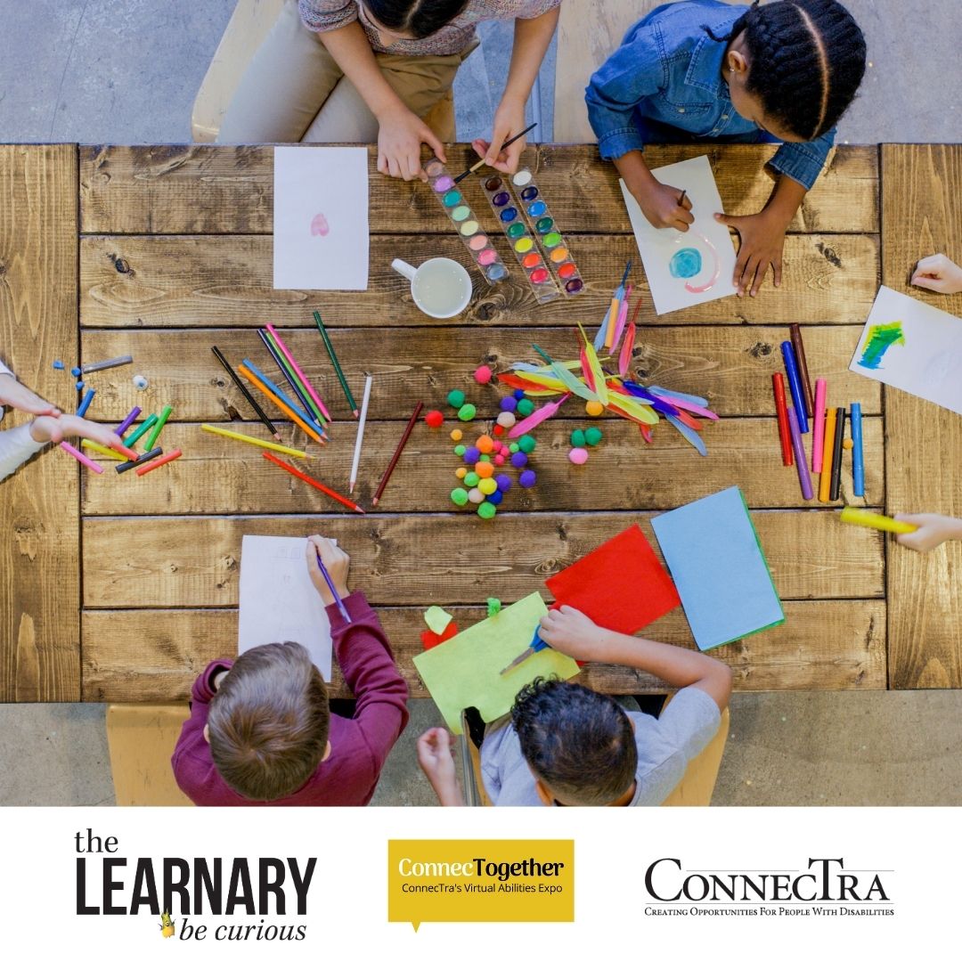 A group of people around a table doing crafts with paper, paint, pencil crayons, markers, and cotton balls; The Learnary logo, ConnecTogether logo, ConnecTra logo