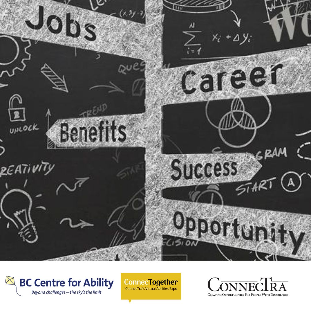 Chalkboard with the words, "Jobs, Career, Benefit, Success, Opportunity"; the BC Centre for Ability Logo, the ConnecTogether logo, and the Connectra Society logo.