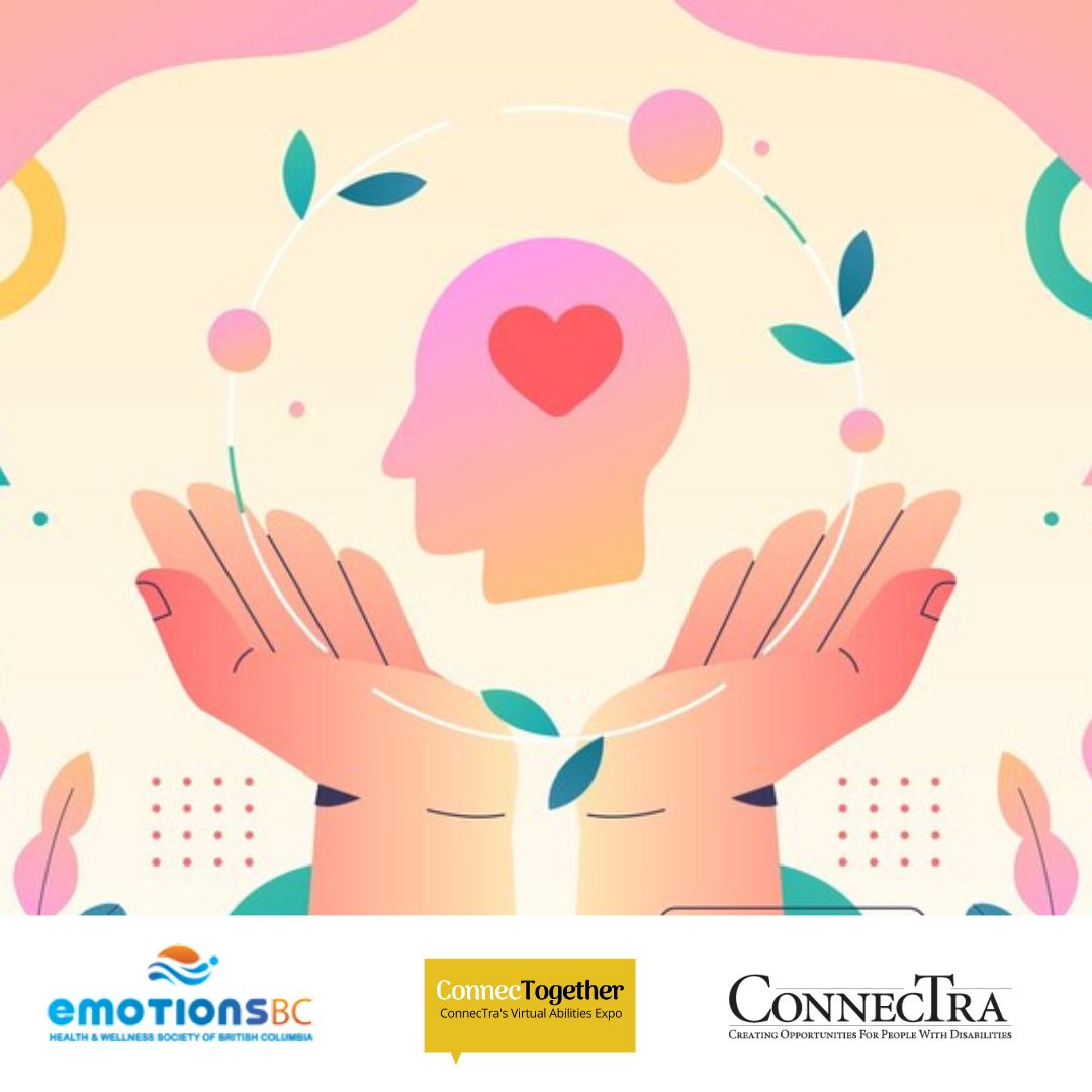 Orange graphic of hands holding a shillouhette of a person's head with a heart for a brain, surrounded by an abstract pattern with leaves; the Emotions BC Logo, the ConnecTogether logo, and the Connectra Society logo.