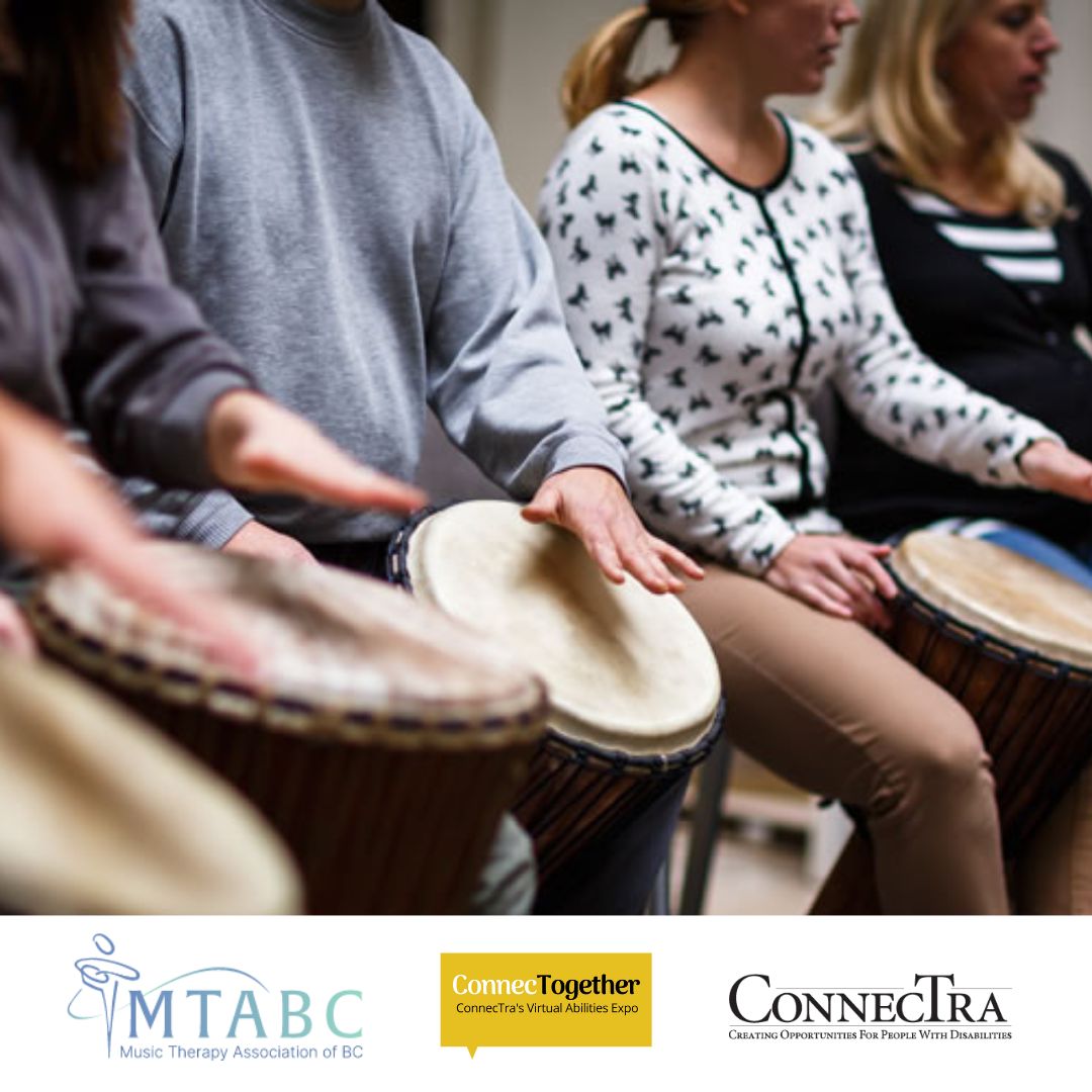 Image of four individuals playing drums with their hands; The MTABC Logo, the ConnecTogether logo, and the Connectra Society logo.