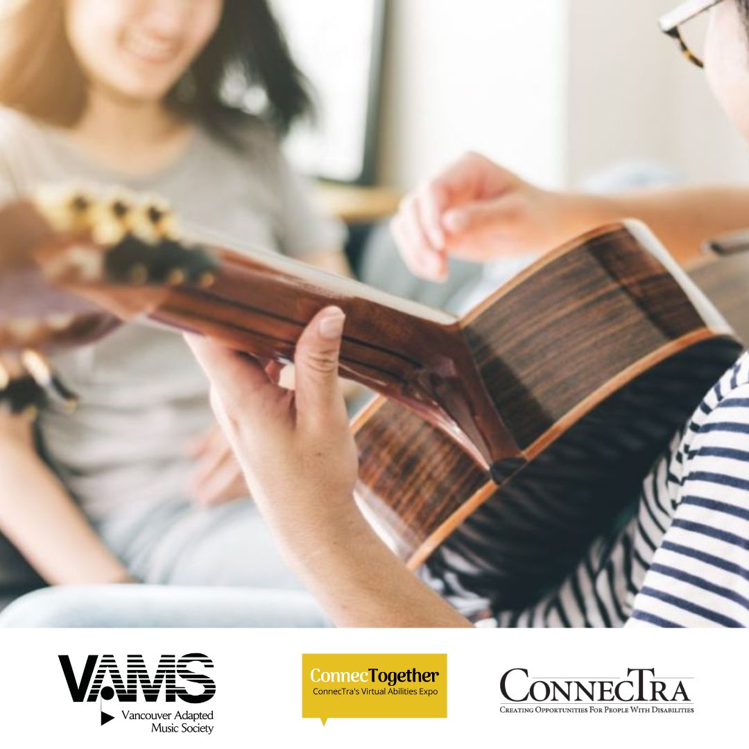 Image of two people sitting on a sofa, One is playing a guitar and the other is sitting across from them; the VAMS logo, the ConnecTogether logo, and the Connectra Society logo.