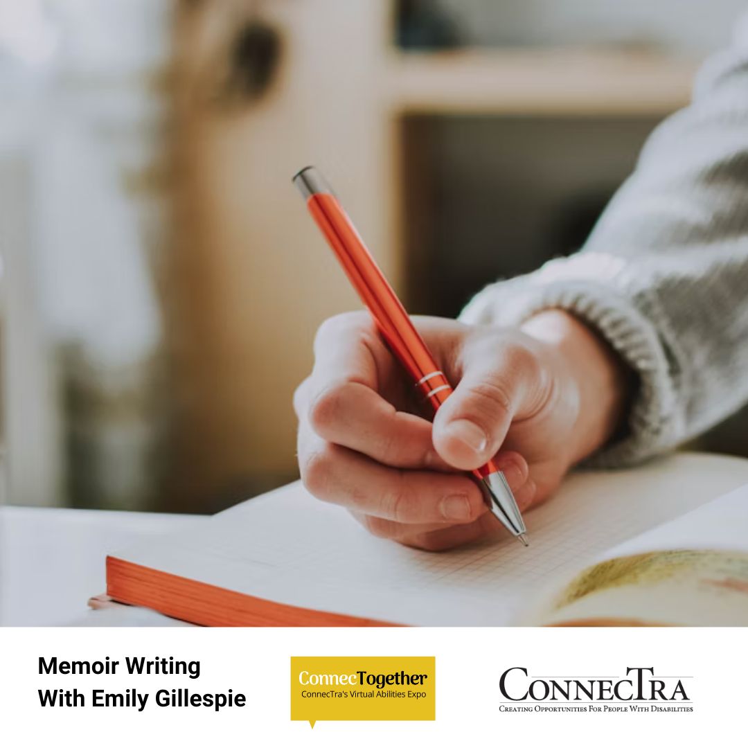 A person's hand holding a red pen resting on a note book about to begin writing; ConnecTogether logo, Connectra Society logo.