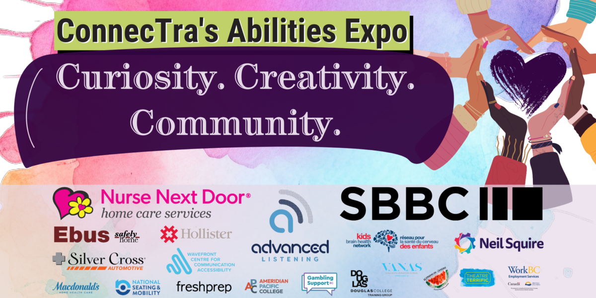 Rectangular graphic with bright and colourful splashes of greens, yellows, blues, purples, and pinks in watercolour style as the background. Over a green box, it reads, "ConnecTra's Abilities Expo," beneath a large dark purple swash with pale purple text, "Curiosity. Creativity. Community.” Below are the event's details in a pale purple rectangle. Date: May 22, 2024. 10 AM to 5 PM PT. Location: Roundhouse Community Centre. Price: FREE (donations welcome). In the top right corner is a dark purple painted heart surrounded by many hands of diverse skin tones. The bottom contains the logos to the Gold, Silver and Bronze sponsors of this year's event.