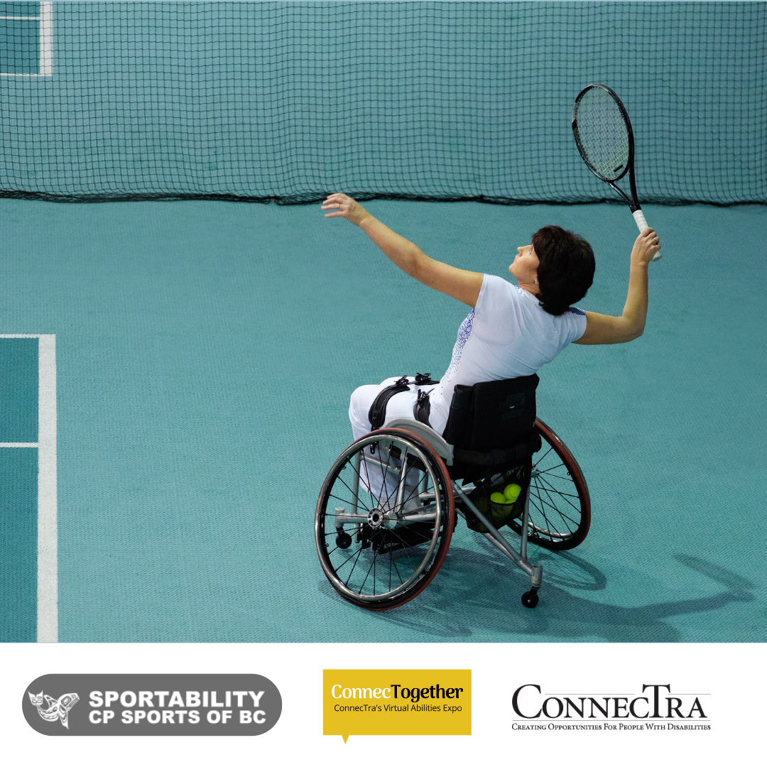Person in a wheelchair holds a tennis racket in the air, preparing to hit a tennis ball.