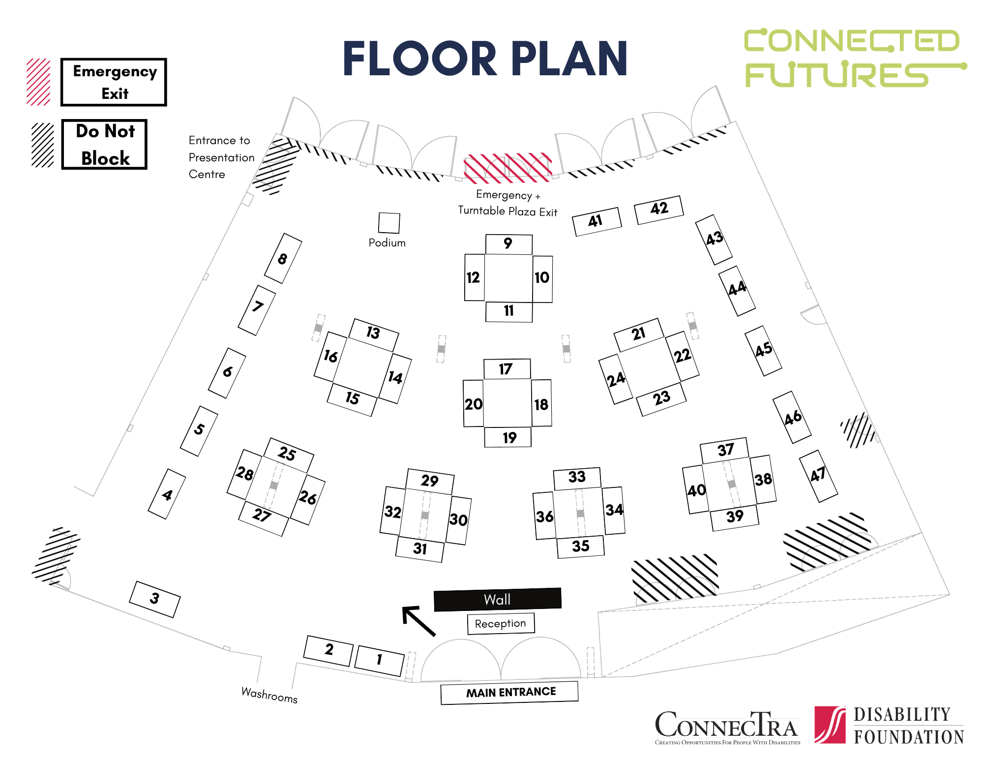 Floorplan map of the Roundhouse Community Centre. Booth numbers written below.